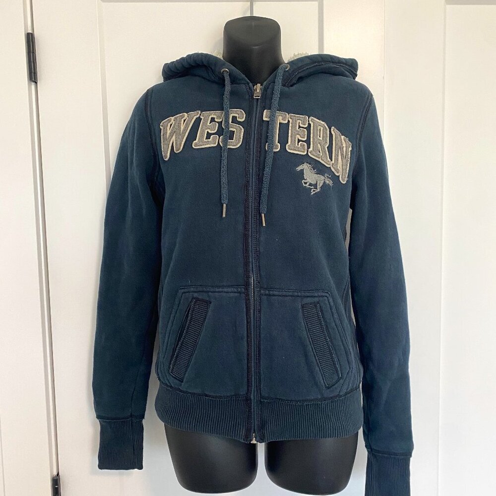 UWO Western Mustangs‎ Navy Blue Vintage / Y2K Zip Up Hoodie Size Small
